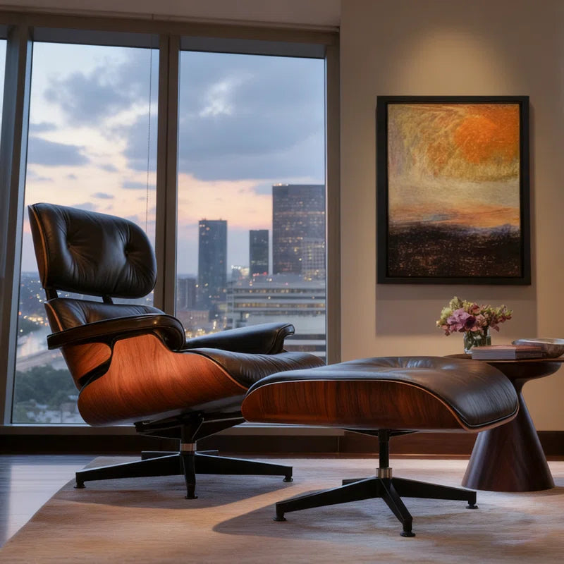 Classic Genuine Leather Swivel Lounge Chair with Ottoman for Modern Home, Solid Wood Accent Chair