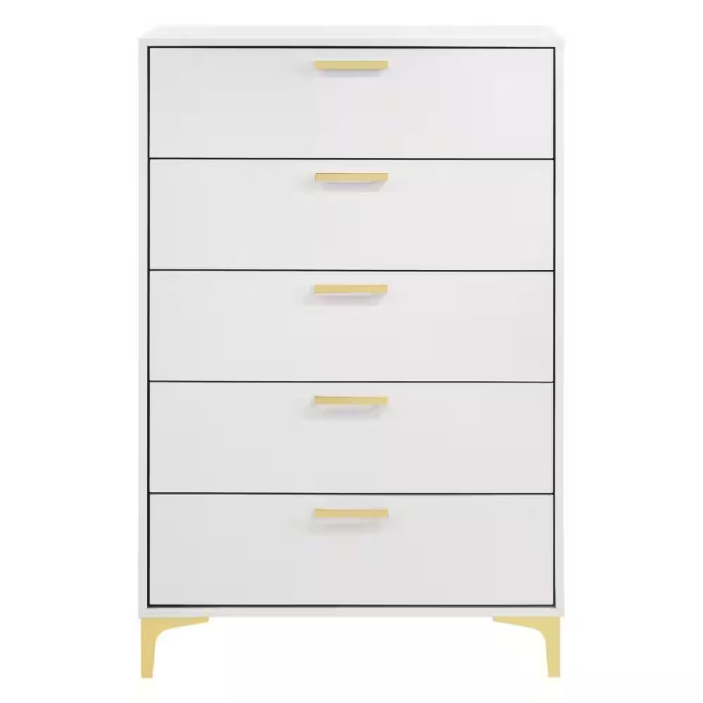 15.75 In. White and Gold 5-Drawer Wooden Tall Dresser Chest of Drawers