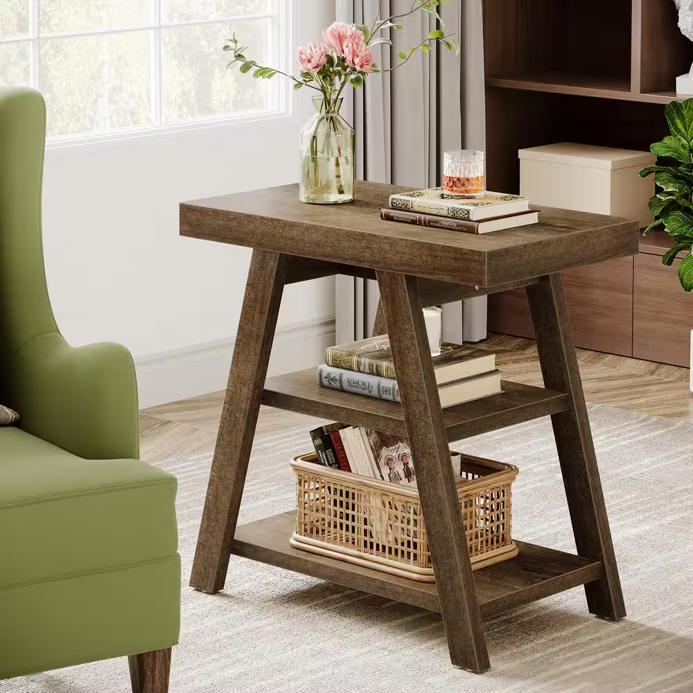 Kerlin 2PCS 23.62 In. Brown Rectangle Side Table Wood End Table with 3-Shelf Storage for Living Room, Bedroom