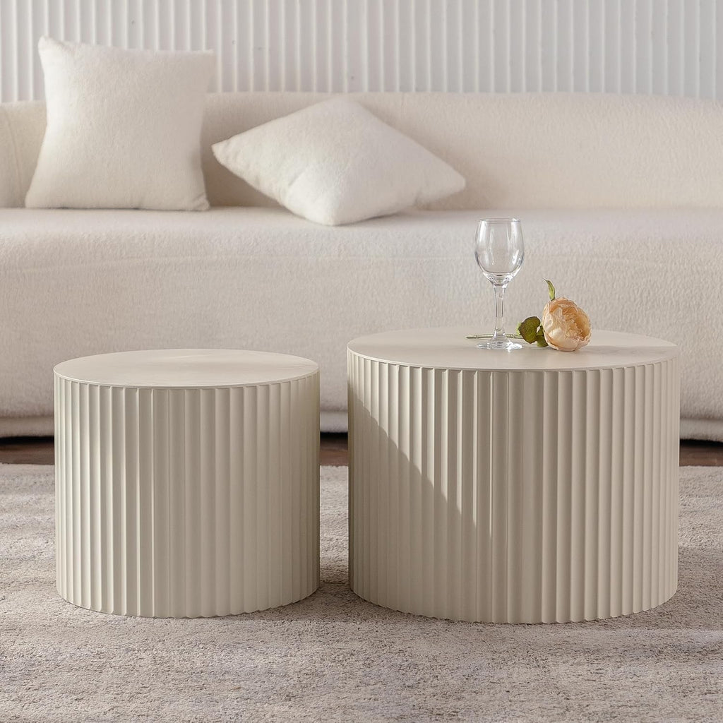 47.25" round Coffeetable Wooden Olive-Shaped,Set of 2,Handcrafted Relief Sturdy Pedestal for Small Space Living Room Bedroom