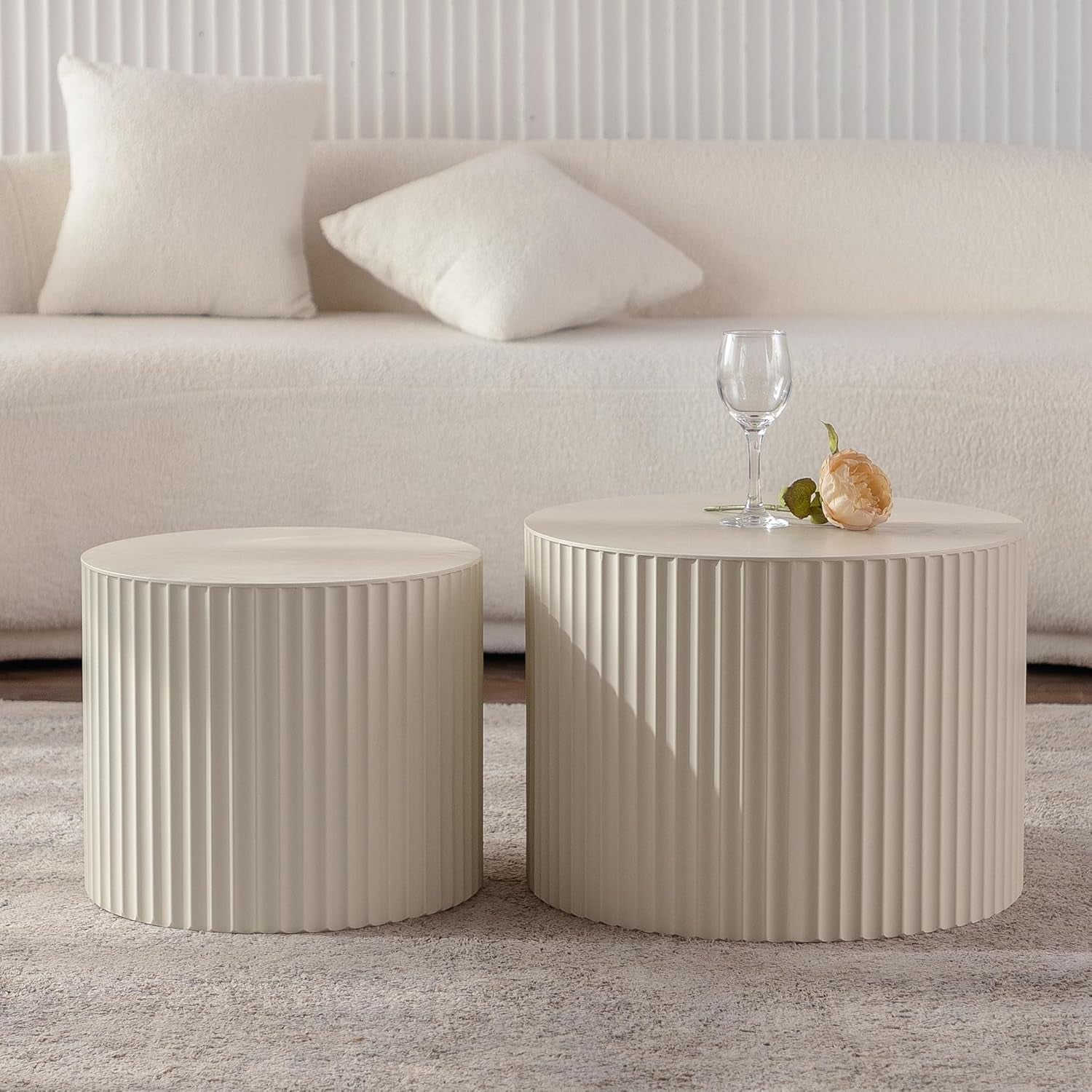 47.25" round Coffeetable Wooden Olive-Shaped,Set of 2,Handcrafted Relief Sturdy Pedestal for Small Space Living Room Bedroom