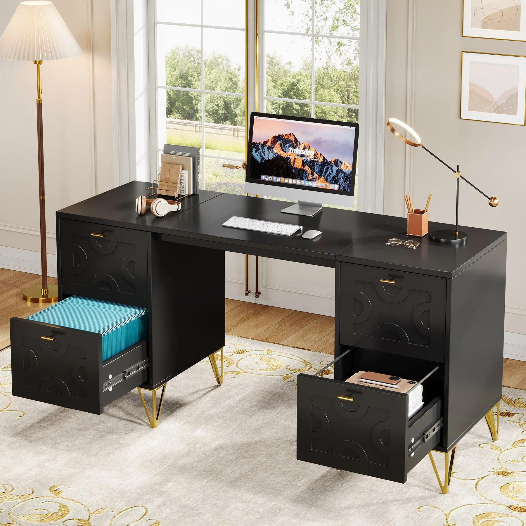 White Computer Desk with File Drawers, 59'' Modern Home Office Desk