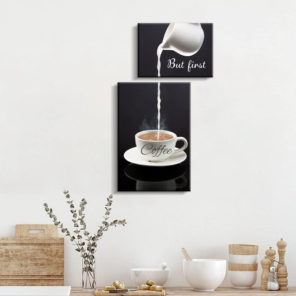 Coffee Bar Wall Decor - but First Coffee Sign - Kitchen Canvas Wall Art for Modern Home Dining Room