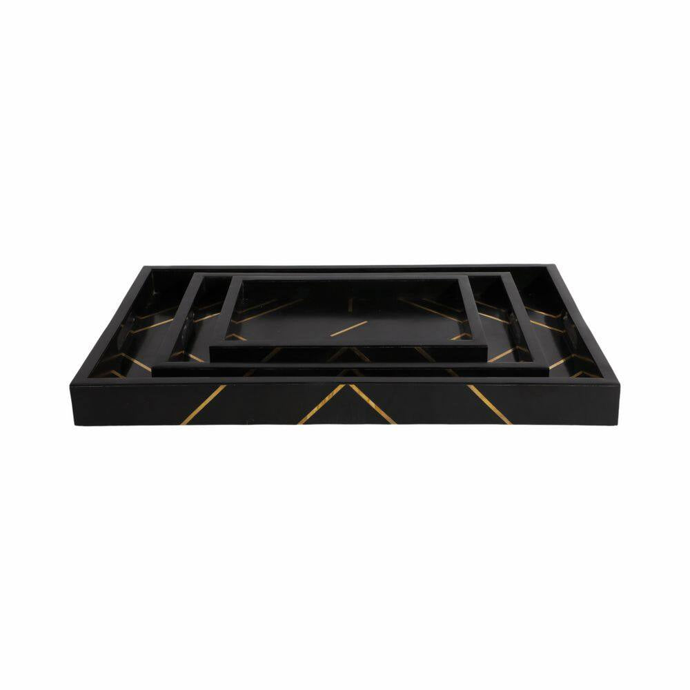 Black 13/18/24 In. Resin Wood Modern Brass Inlay Rectangle Trays