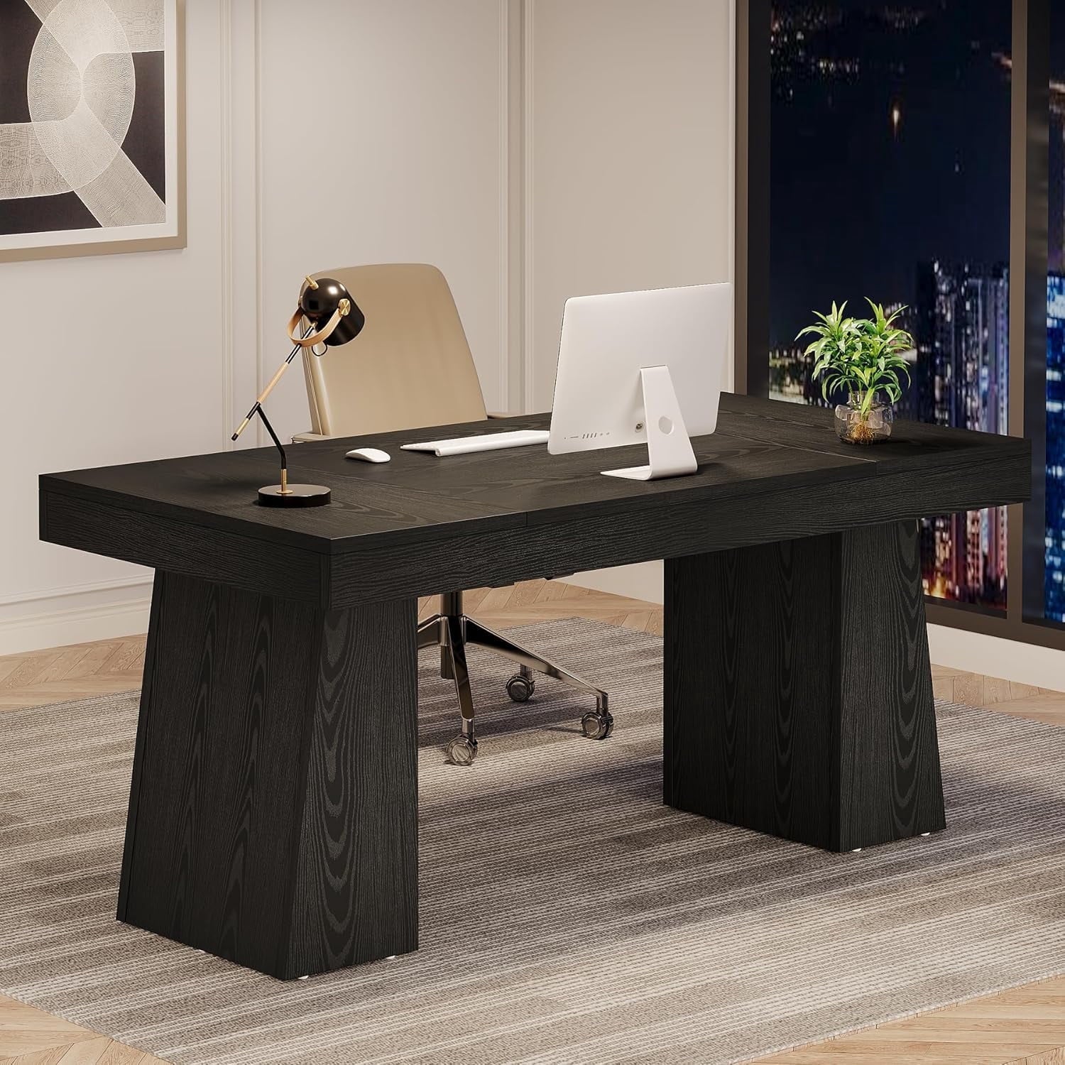 55 Inches Executive Desk, Mid-Century Modern Home Office Desk with Double Trapezoid Base