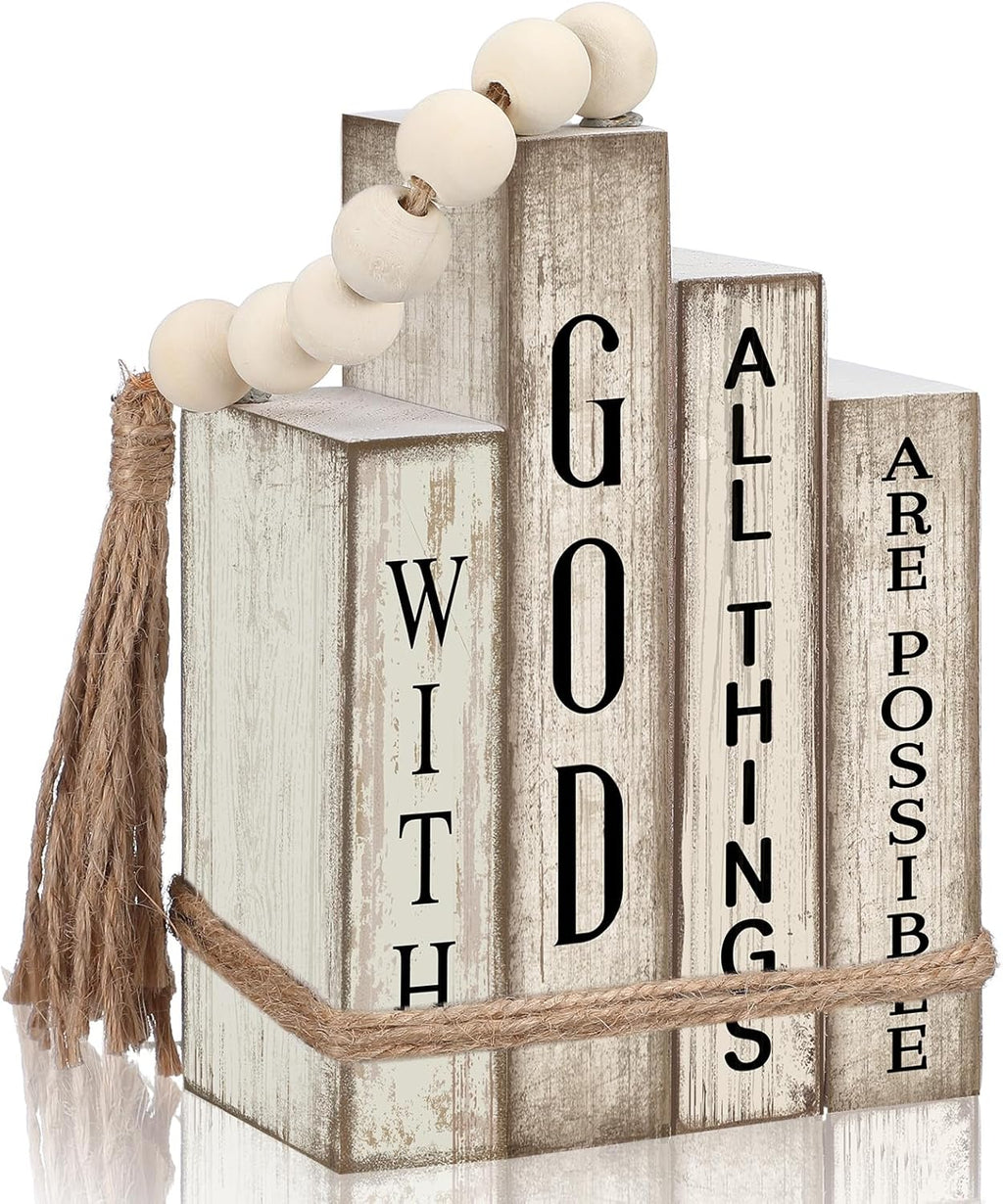 4 Pcs Christian Table Decor Wooden Book Stack Decor with God All Things Are Possible Farmhouse Centerpiece with Beaded Garland Tassel Christian Home Decorations for Office, Shelf, Gift