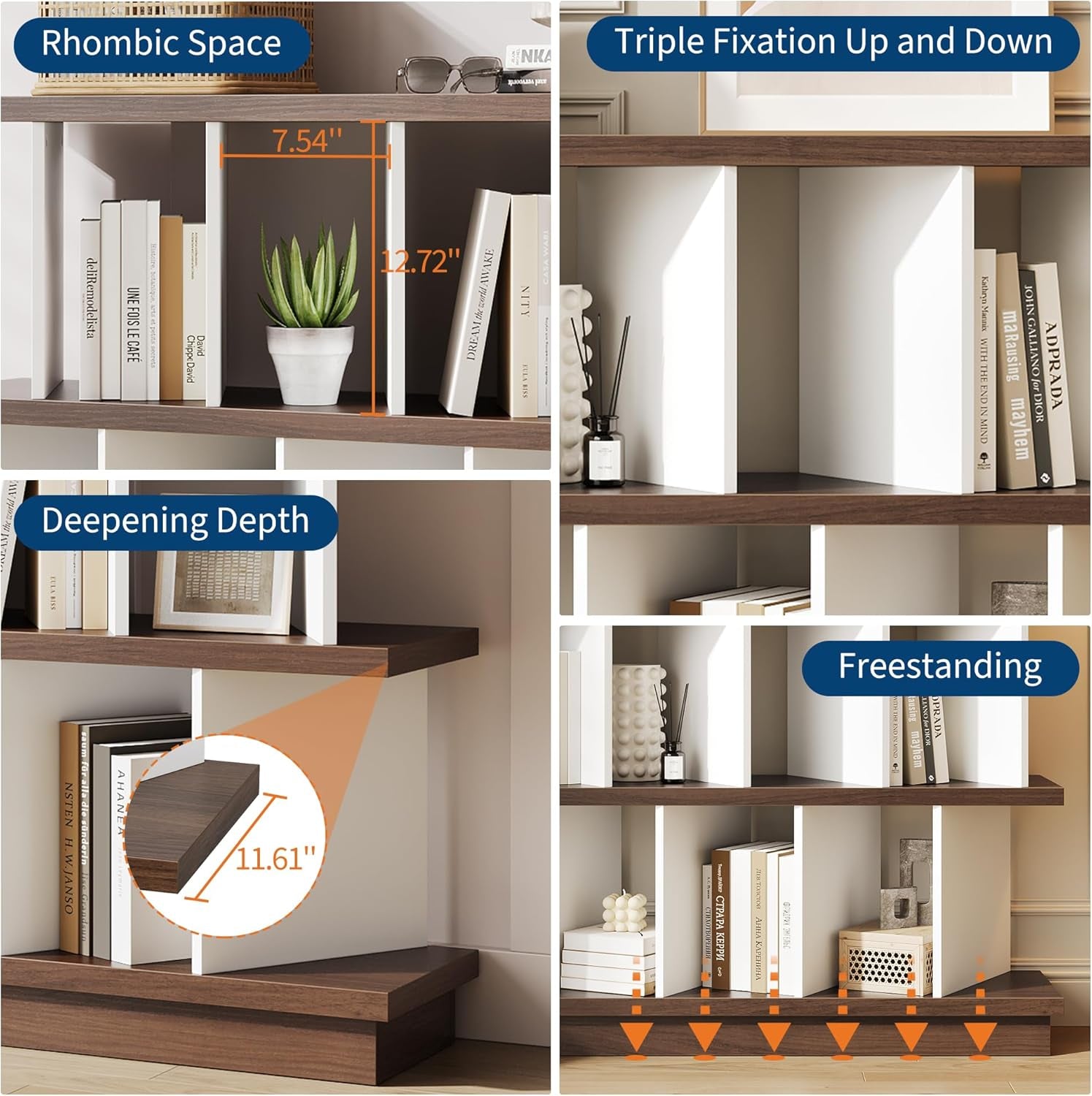 8 Cube Low Bookshelf Bookcase - Wooden TV Stand Cabinets with Removable Back Panels, Modern Home Display Storage Rack for Living Room, Bedroom, Entrance - Walnut