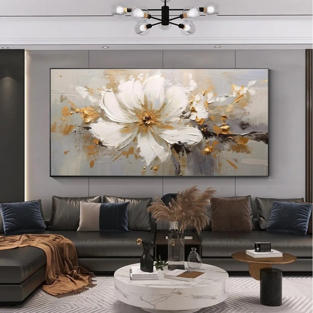Abstract Flower Oil Painting on Canvas Large Wall Art Minimalist Floral Art Handmade Painting White Modern Home Decor for Living Room