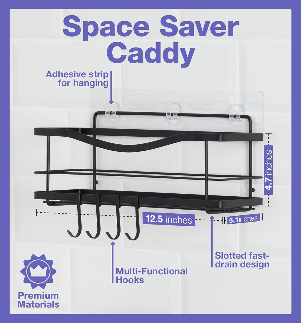 Premium Shower Caddy - Self Adhesive Shower Shelf with 4 Hooks - No Drill Large Capacity Stainless Steel Rack - Aesthetic Organizer for Bathroom Wall Decor - Matte Black