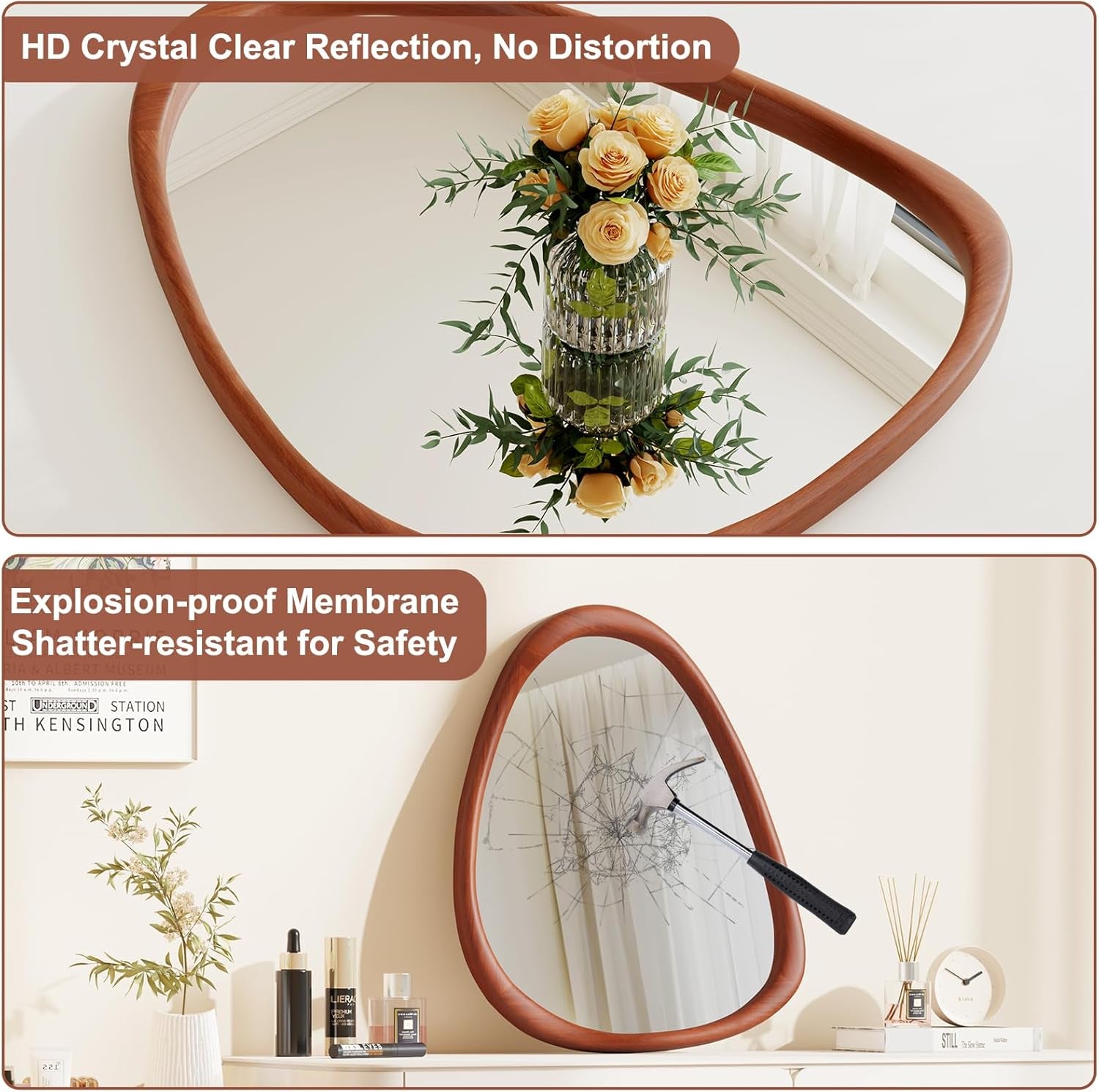 Triangular Wall Mirror, 28×34 Inches Hanging Wood Frame, Versatile for Bathroom Decor, Vanity Mirror,And Abstract Wall Art for Living Room, Walnut.