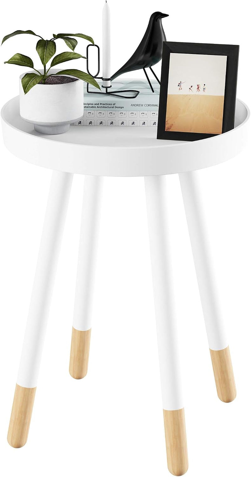 round End Table – 2-Tone Mid-Century Modern Home Accent Table with Tray Top for Living Room, Bedroom, or Office (White)
