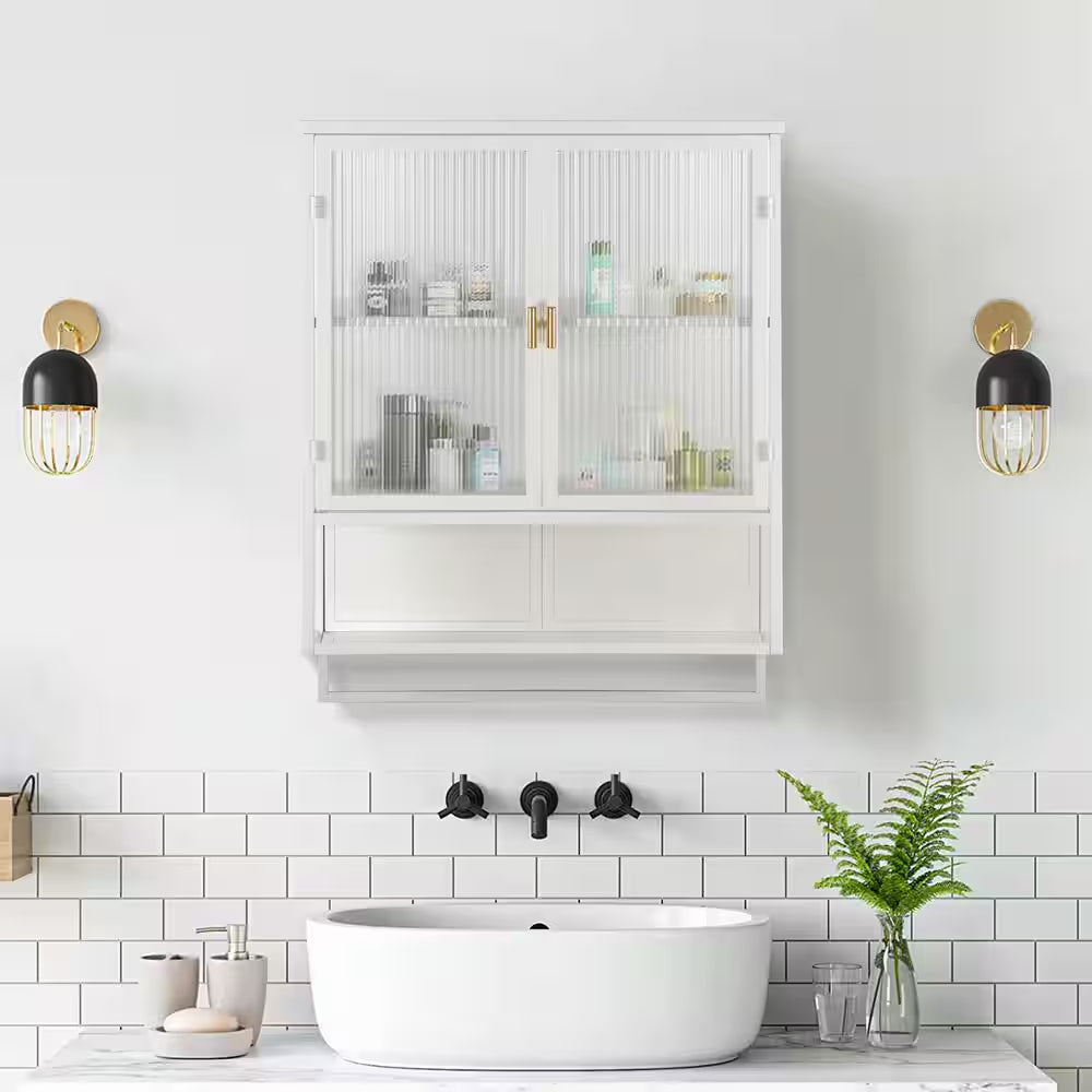 23.62 In. W X 27.56 In. H Rectangular White Metal Surface Mount Medicine Cabinet without Mirror, with Towel Rack