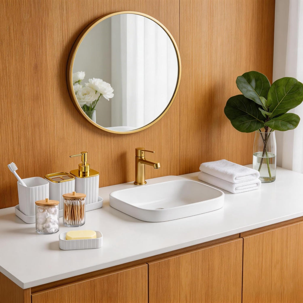 Bathroom Accessory Set White-9Pc Set with Toilet Brush, Trash Can, Soap Dispenser, Q-Tip Holder | Modern Home Bath Essentials (White, Bath Set)