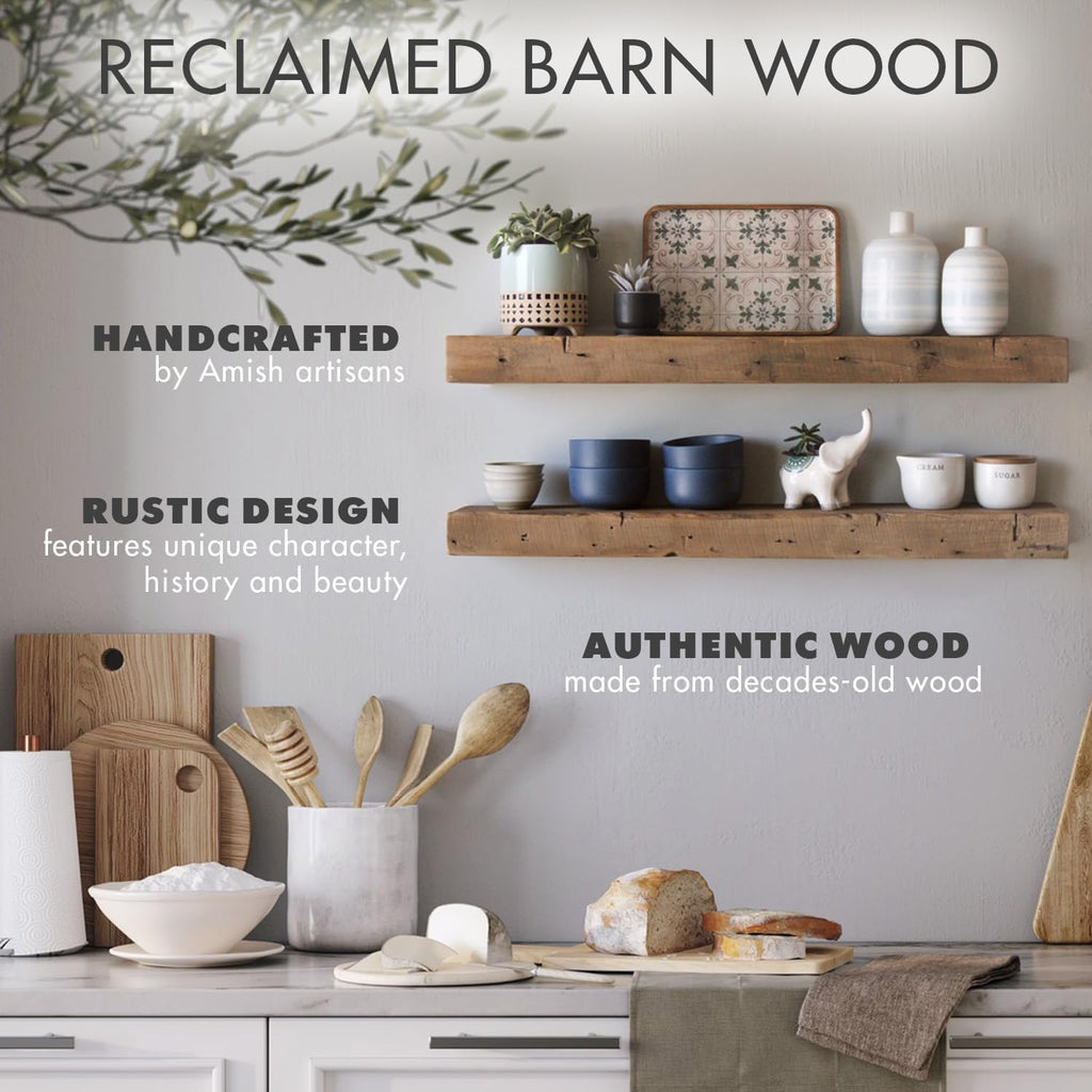 Reclaimed Barnwood Planks | Floating Shelves for Wall W/Flush Mount Shelf Bracket Set Included | Set of 2 (Natural, 48" X 4.5" X 2")