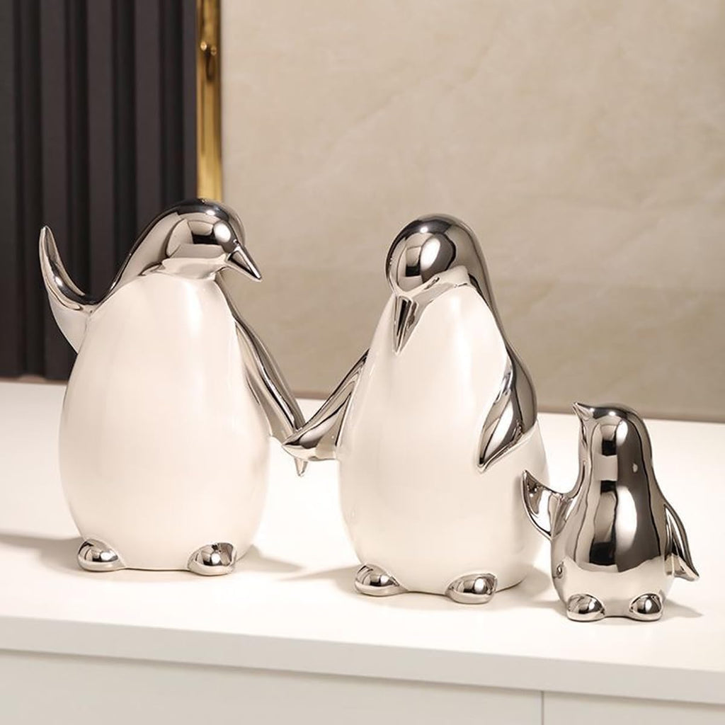 Set of 3 Ceramic Statues Aesthetic Abstract Penguins Sculpture Cute Modern Home Decor Decorative Statue for Living Room, Bedroom, Office, Table Centerpiece (White Silver)