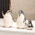 Set of 3 Ceramic Statues Aesthetic Abstract Penguins Sculpture Cute Modern Home Decor Decorative Statue for Living Room, Bedroom, Office, Table Centerpiece (White Silver)