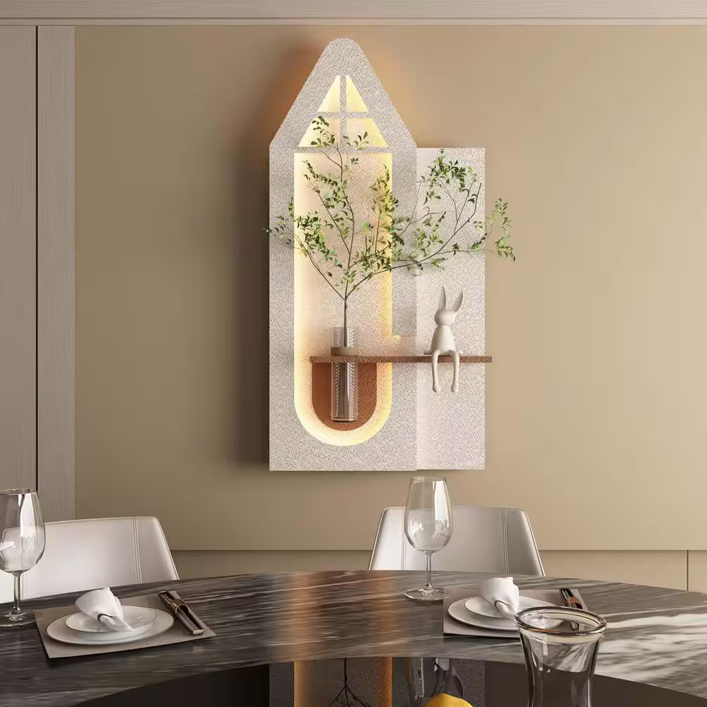23.62 In. X 47.24 In. Adjustable Sandstone Wall Decor, Modern Decorative Painting with LED, Glass Vase, 3D Art Sculpture