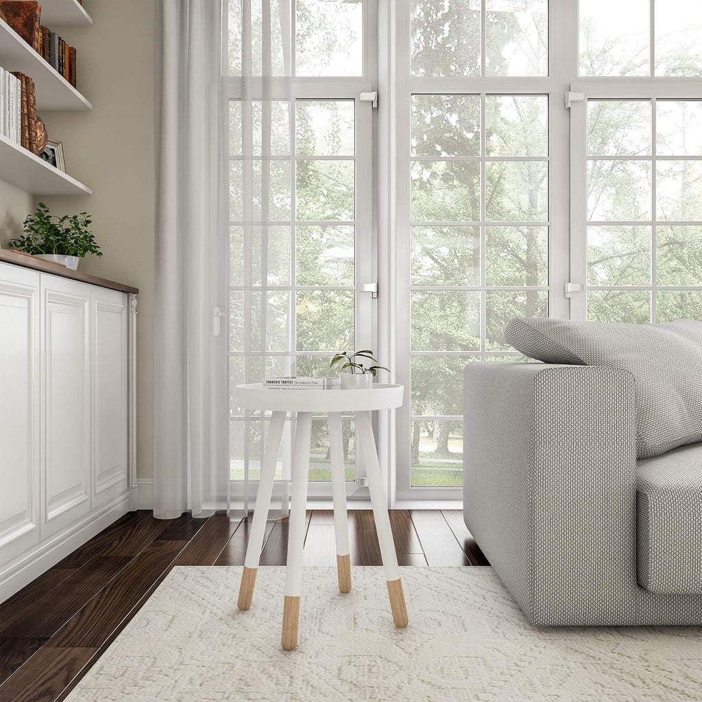 round End Table – 2-Tone Mid-Century Modern Home Accent Table with Tray Top for Living Room, Bedroom, or Office (White)