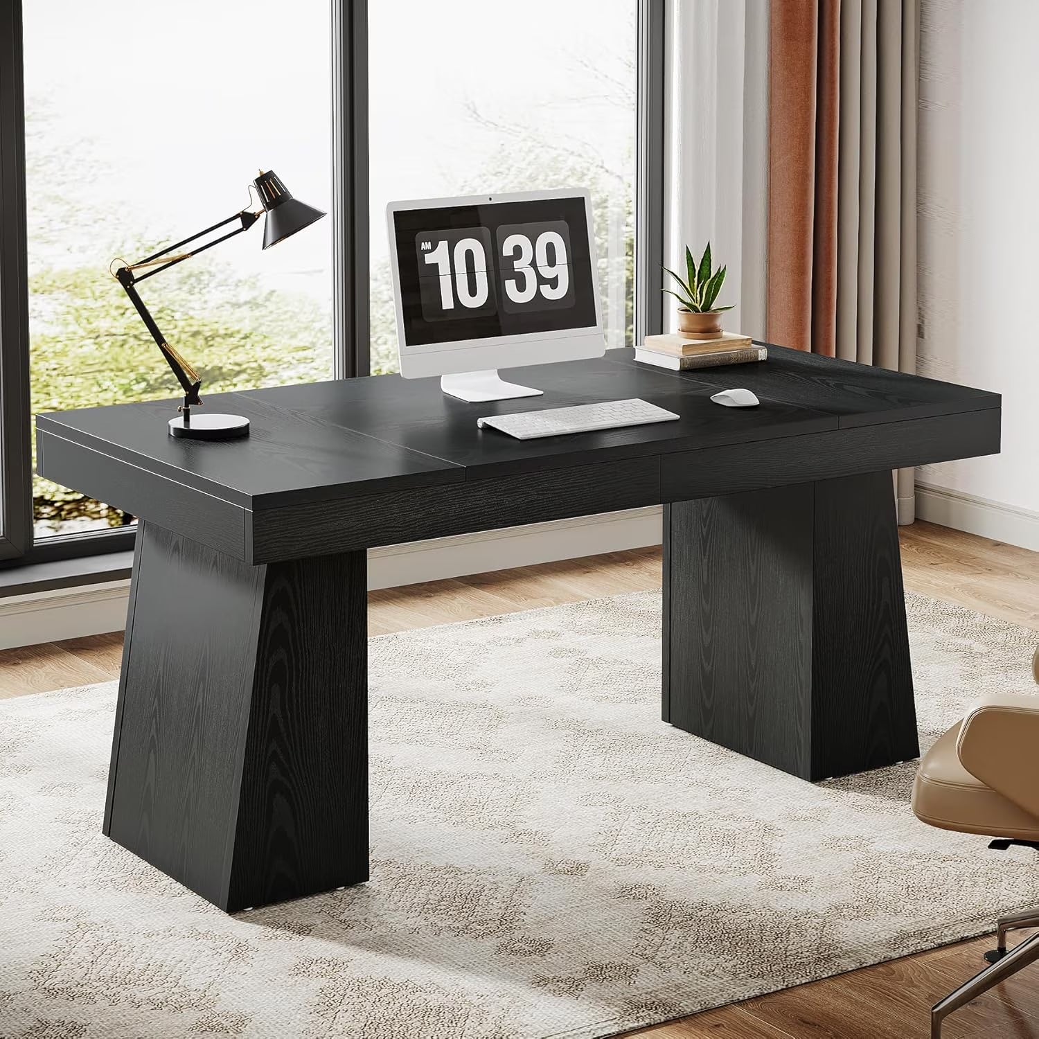 55 Inches Executive Desk, Mid-Century Modern Home Office Desk with Double Trapezoid Base