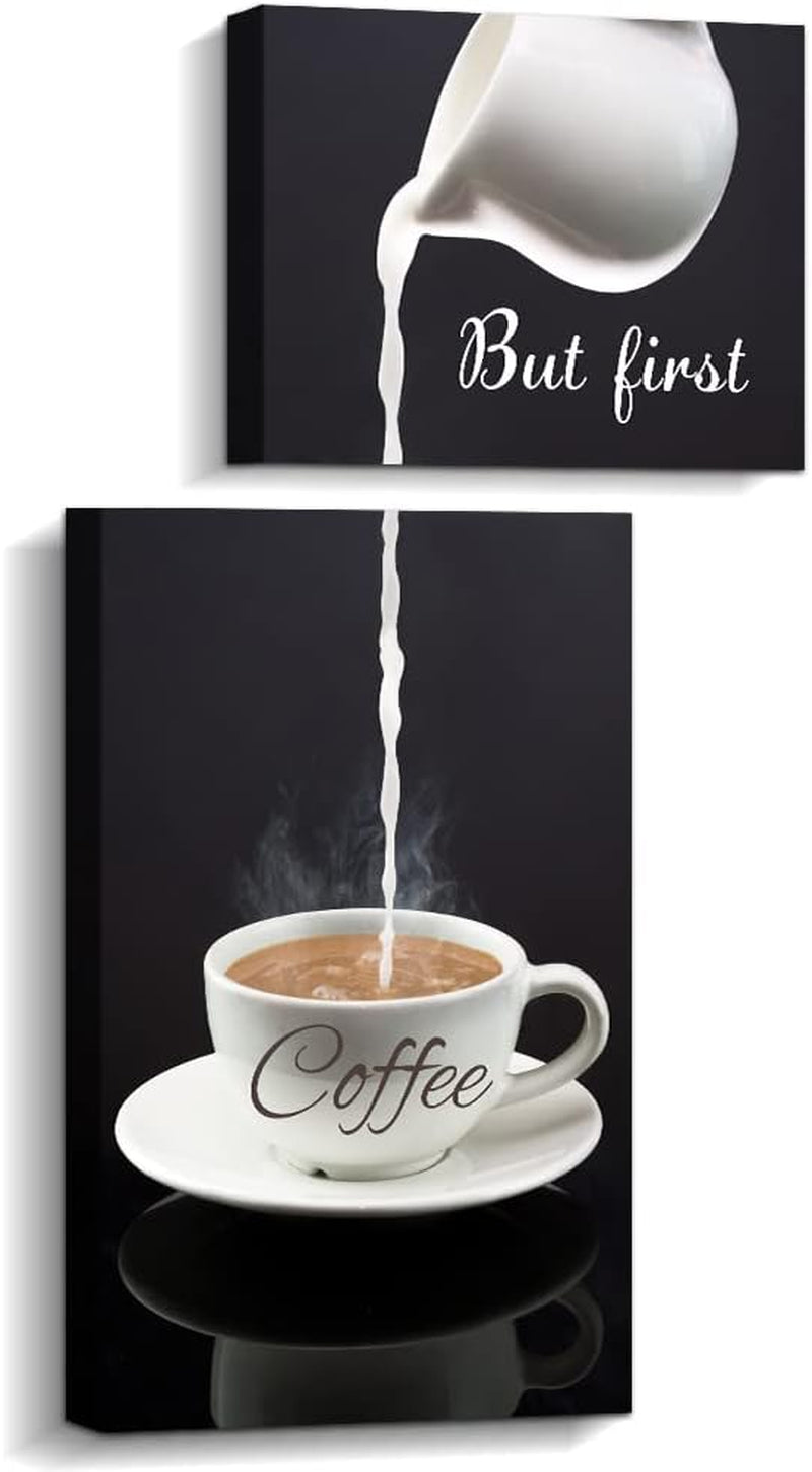 Coffee Bar Wall Decor - but First Coffee Sign - Kitchen Canvas Wall Art for Modern Home Dining Room