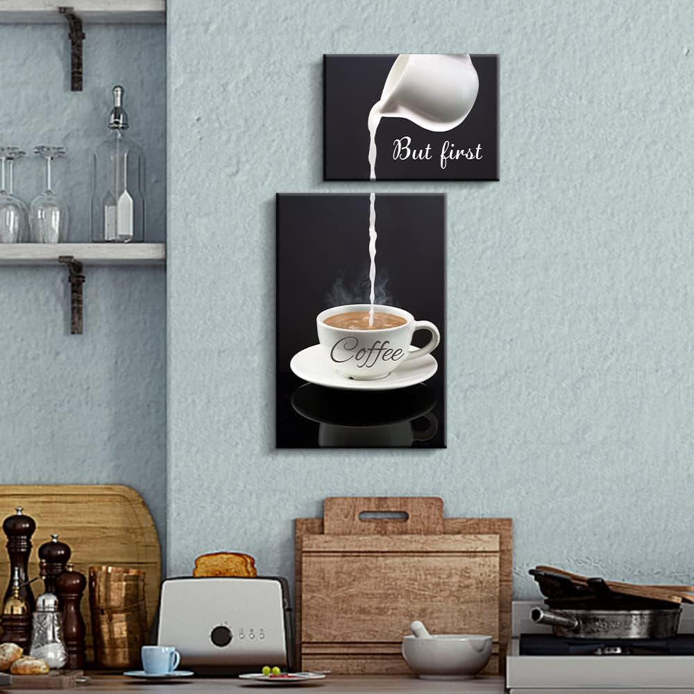 Coffee Bar Wall Decor - but First Coffee Sign - Kitchen Canvas Wall Art for Modern Home Dining Room