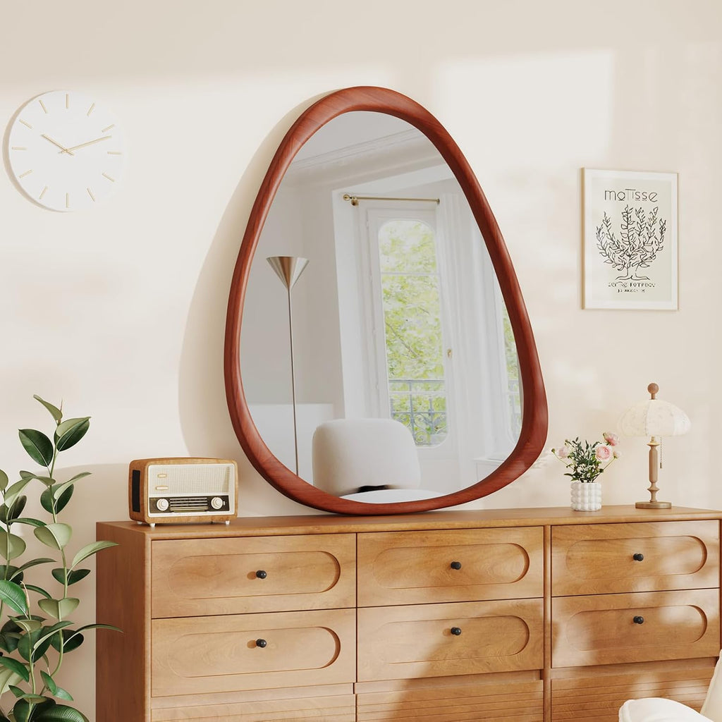 Triangular Wall Mirror, 28×34 Inches Hanging Wood Frame, Versatile for Bathroom Decor, Vanity Mirror,And Abstract Wall Art for Living Room, Walnut.