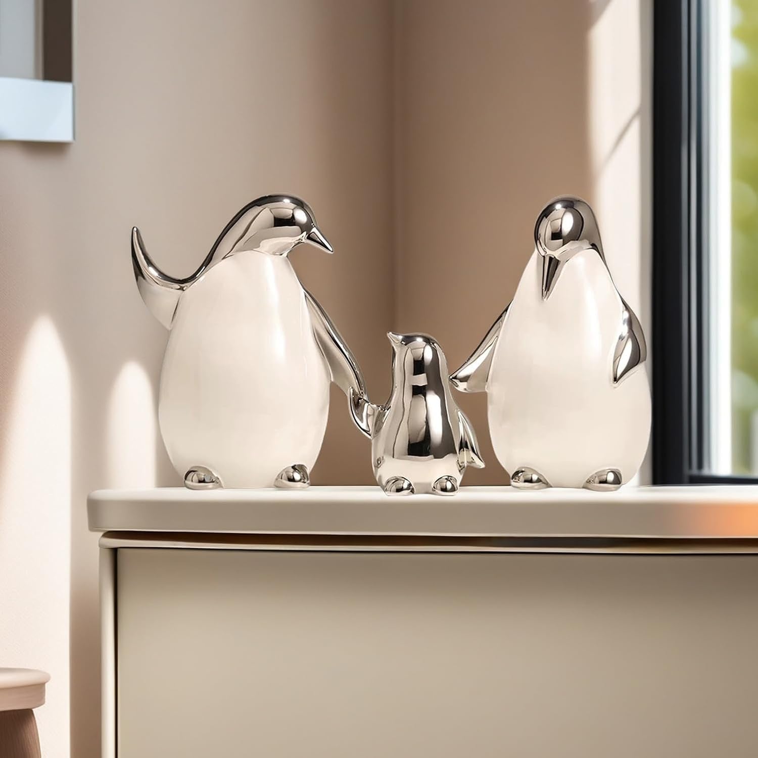 Set of 3 Ceramic Statues Aesthetic Abstract Penguins Sculpture Cute Modern Home Decor Decorative Statue for Living Room, Bedroom, Office, Table Centerpiece (White Silver)