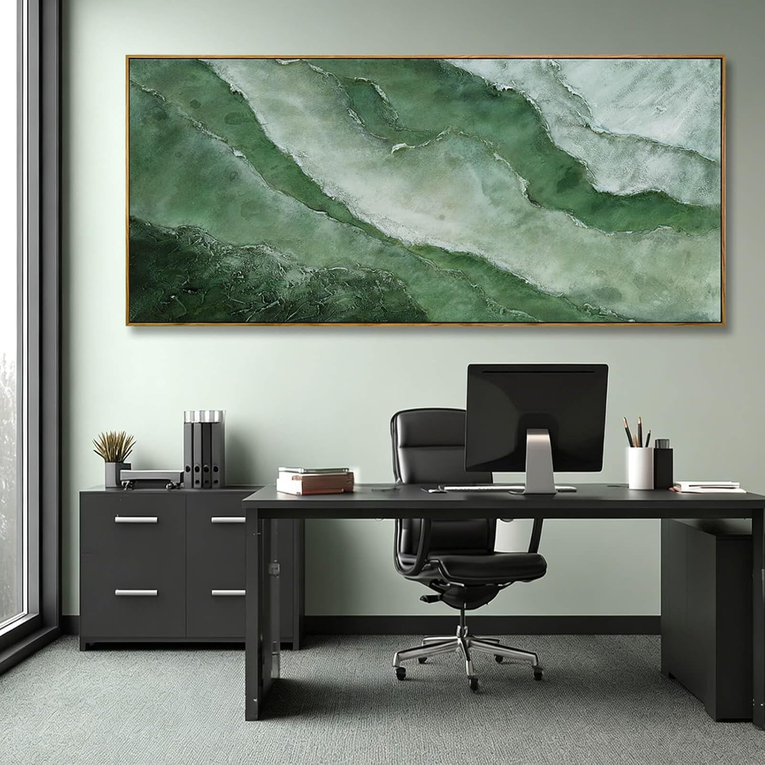 Large Canvas Wall Art 32X70 Inch, Green Landscape Style Framed Canvas Wall Art, Modern Horizontal Printed Wall Art with Wooden Frame for Living Room Decor