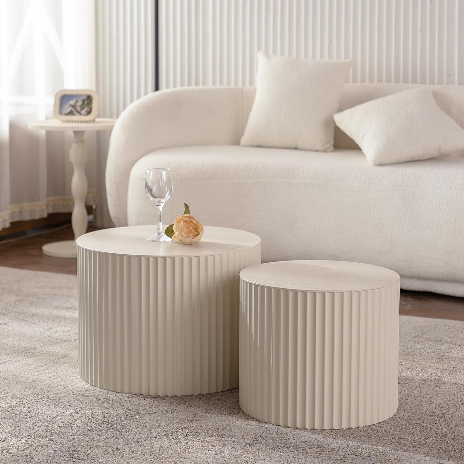 47.25" round Coffeetable Wooden Olive-Shaped,Set of 2,Handcrafted Relief Sturdy Pedestal for Small Space Living Room Bedroom