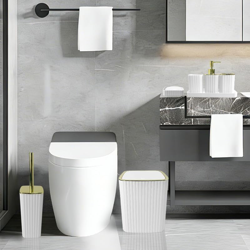 Bathroom Accessory Set White-9Pc Set with Toilet Brush, Trash Can, Soap Dispenser, Q-Tip Holder | Modern Home Bath Essentials (White, Bath Set)