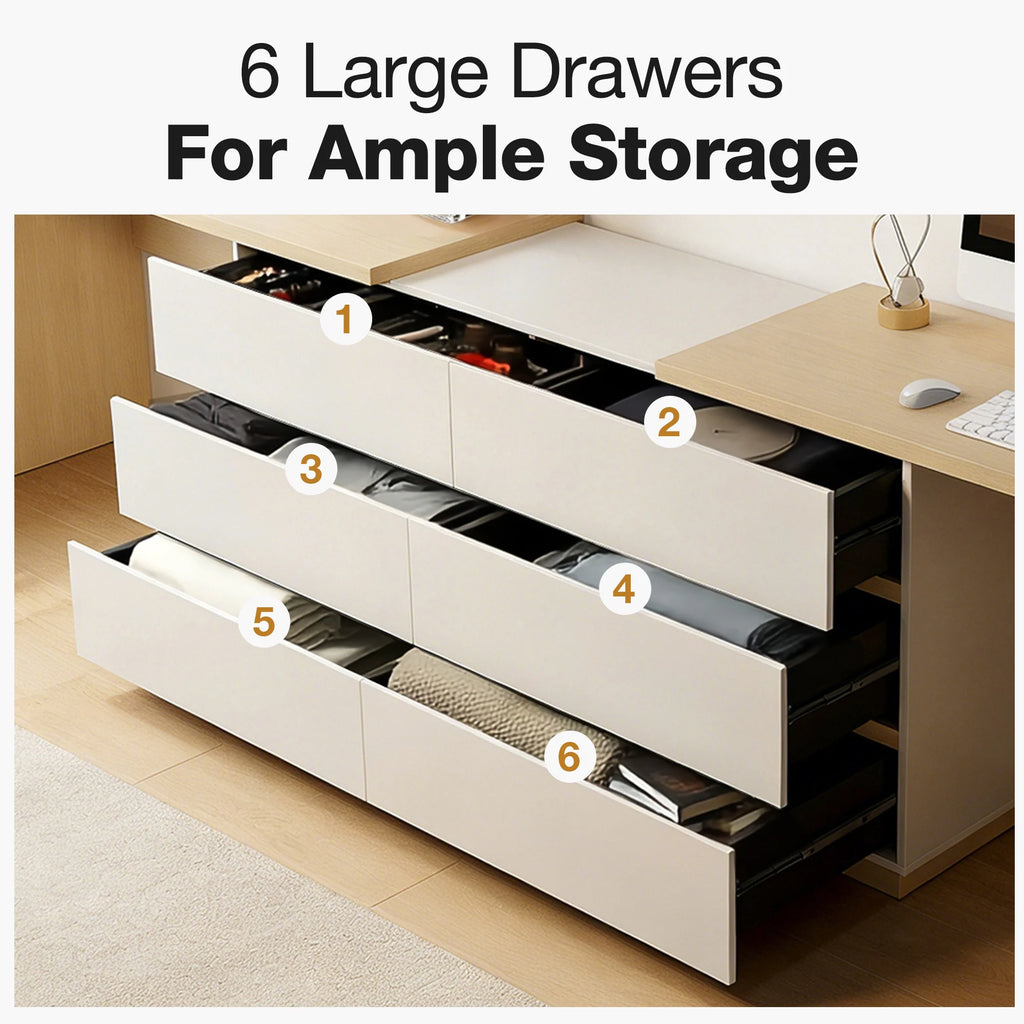 144 Inch Modern Home Office Expandable Dresser Desk with 6 Drawers for 2 Person