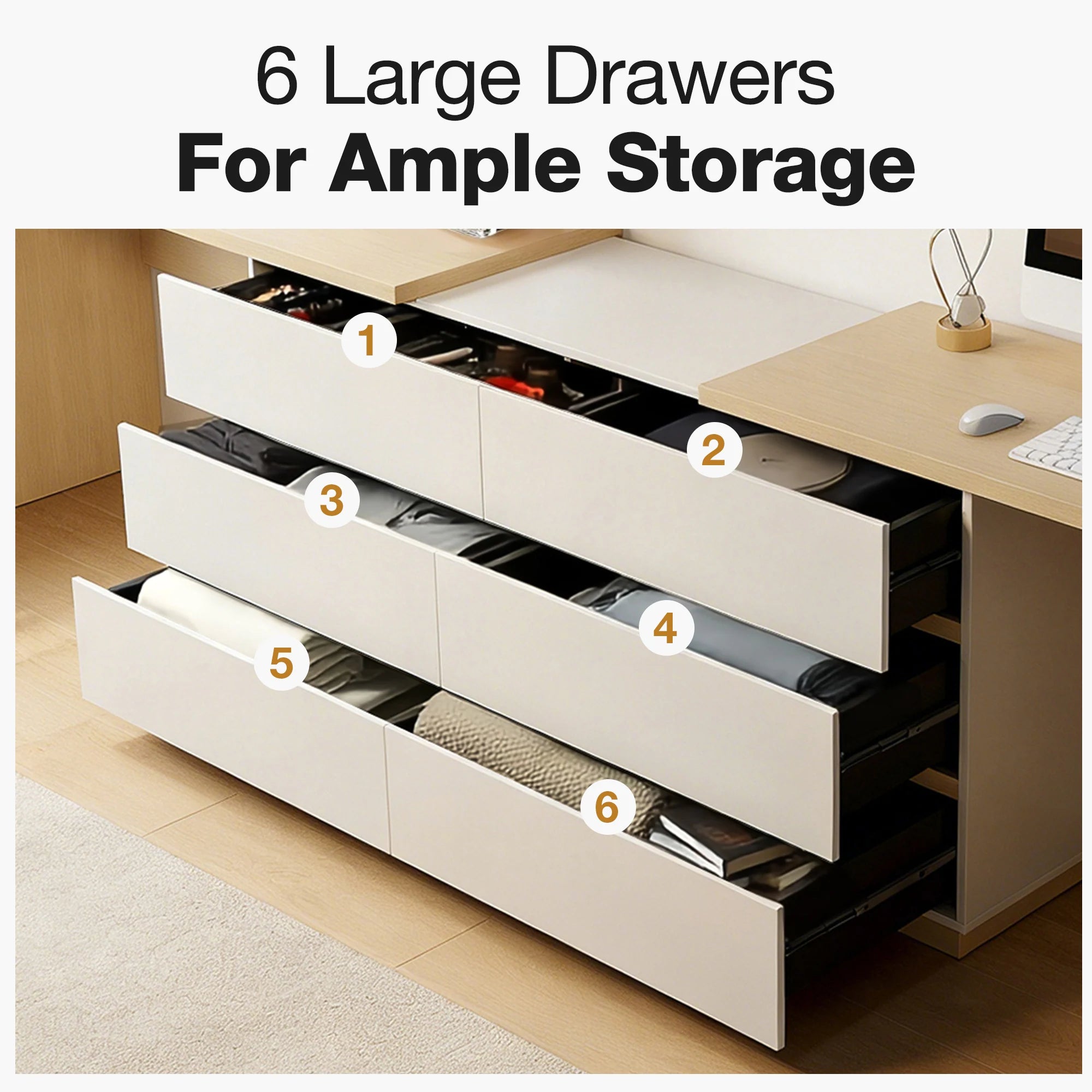 144 Inch Modern Home Office Expandable Dresser Desk with 6 Drawers for 2 Person