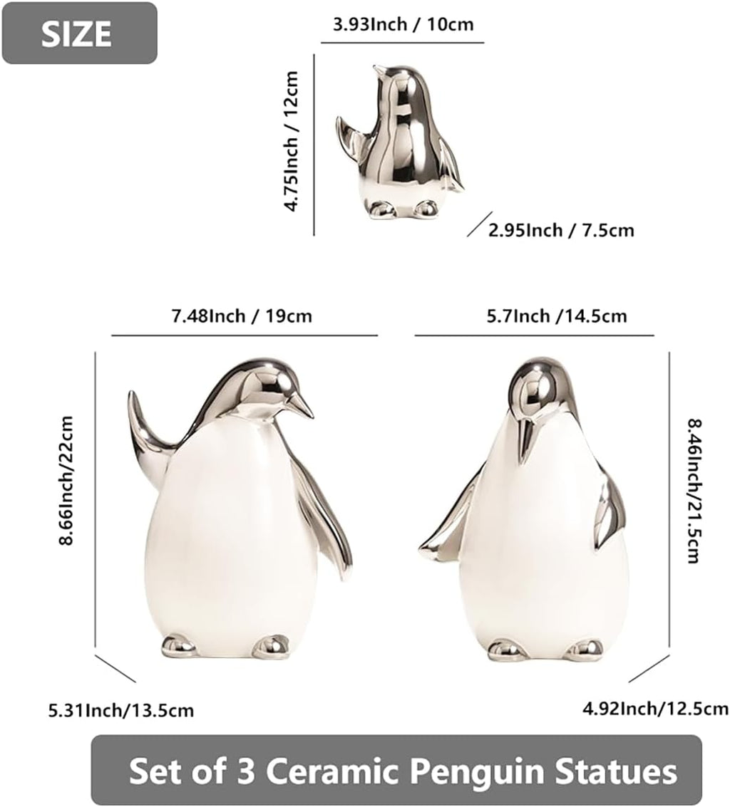 Set of 3 Ceramic Statues Aesthetic Abstract Penguins Sculpture Cute Modern Home Decor Decorative Statue for Living Room, Bedroom, Office, Table Centerpiece (White Silver)