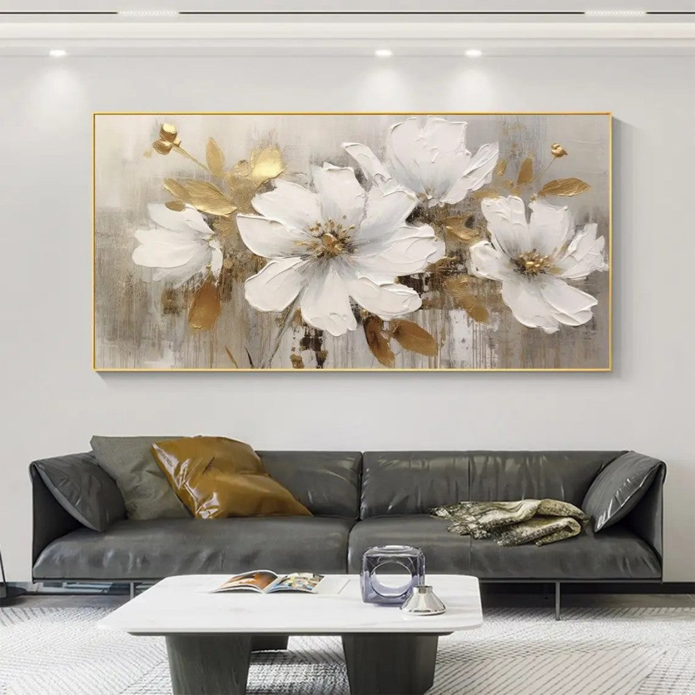 Abstract Flower Oil Painting on Canvas Large Wall Art Minimalist Floral Art Handmade Painting White Modern Home Decor for Living Room