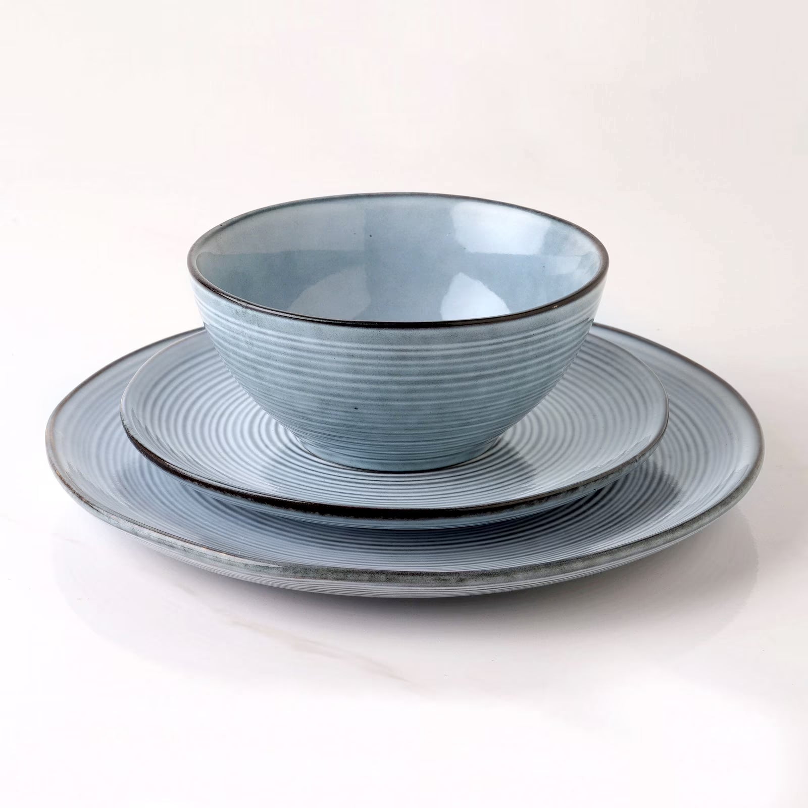Stoneware Dinnerware Sets, 12 Piece Plates and Bowls, Dishes Set for 4, Pearl Blue