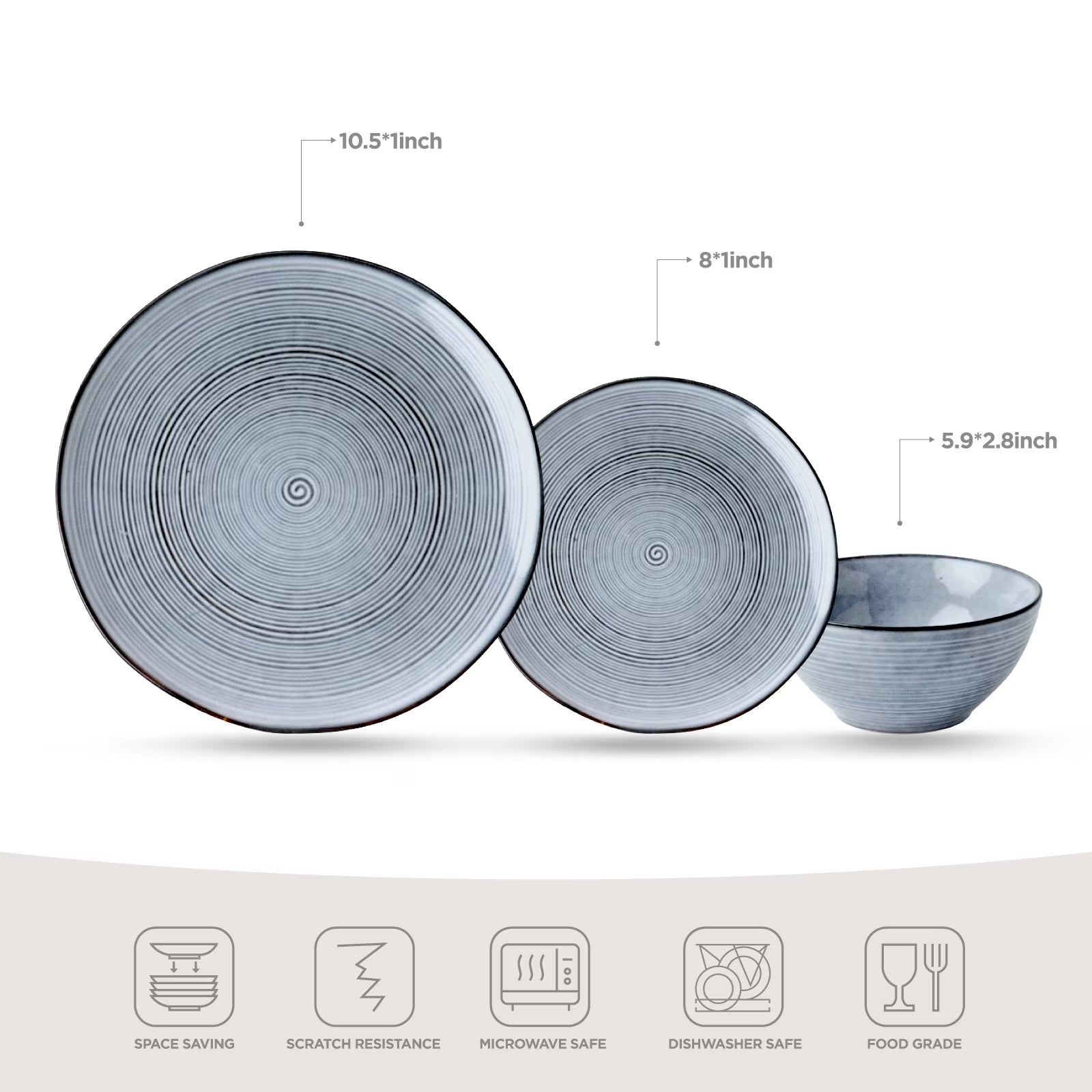 Stoneware Dinnerware Sets, 12 Piece Plates and Bowls, Dishes Set for 4, Pearl Blue
