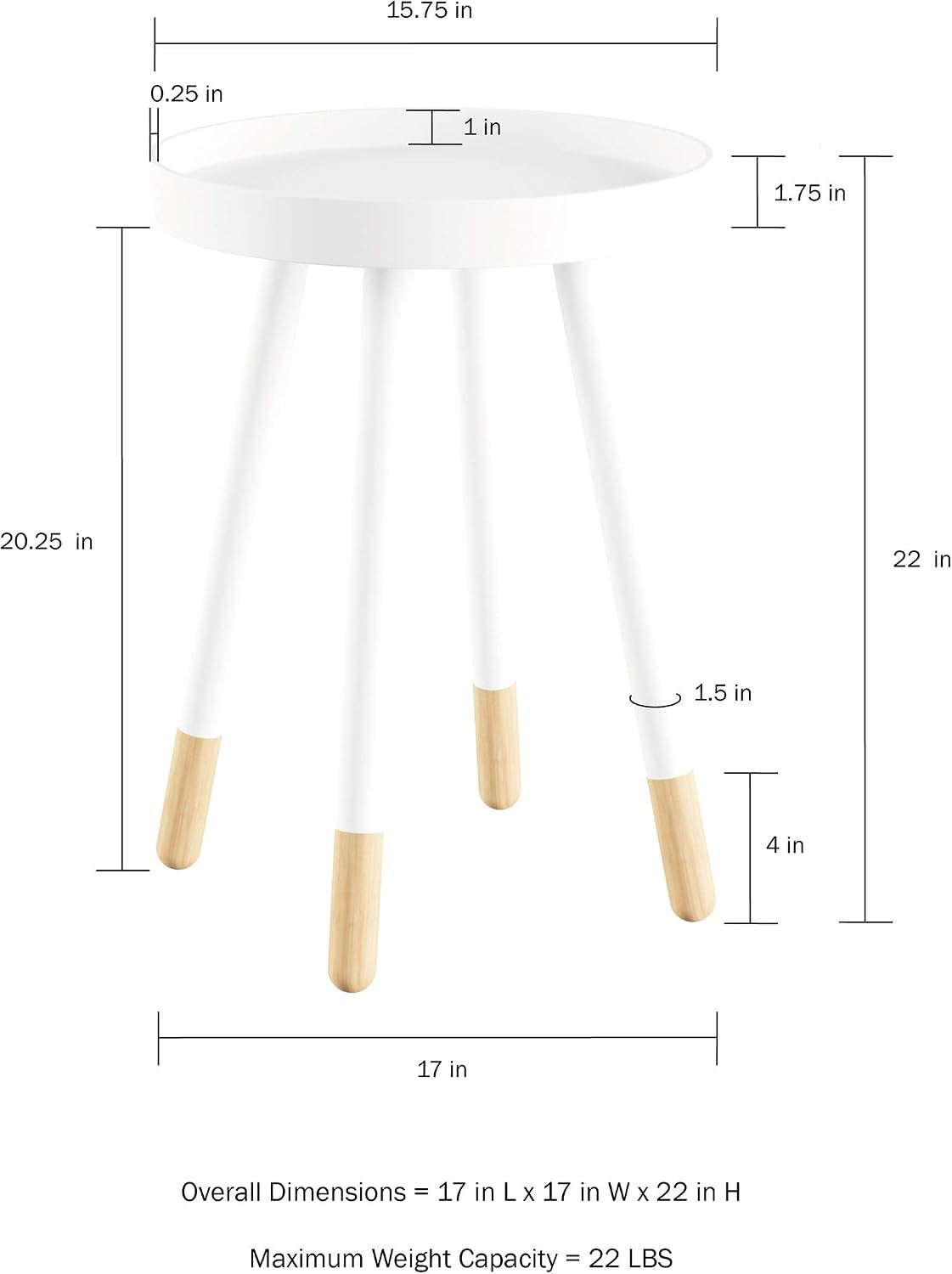 round End Table – 2-Tone Mid-Century Modern Home Accent Table with Tray Top for Living Room, Bedroom, or Office (White)