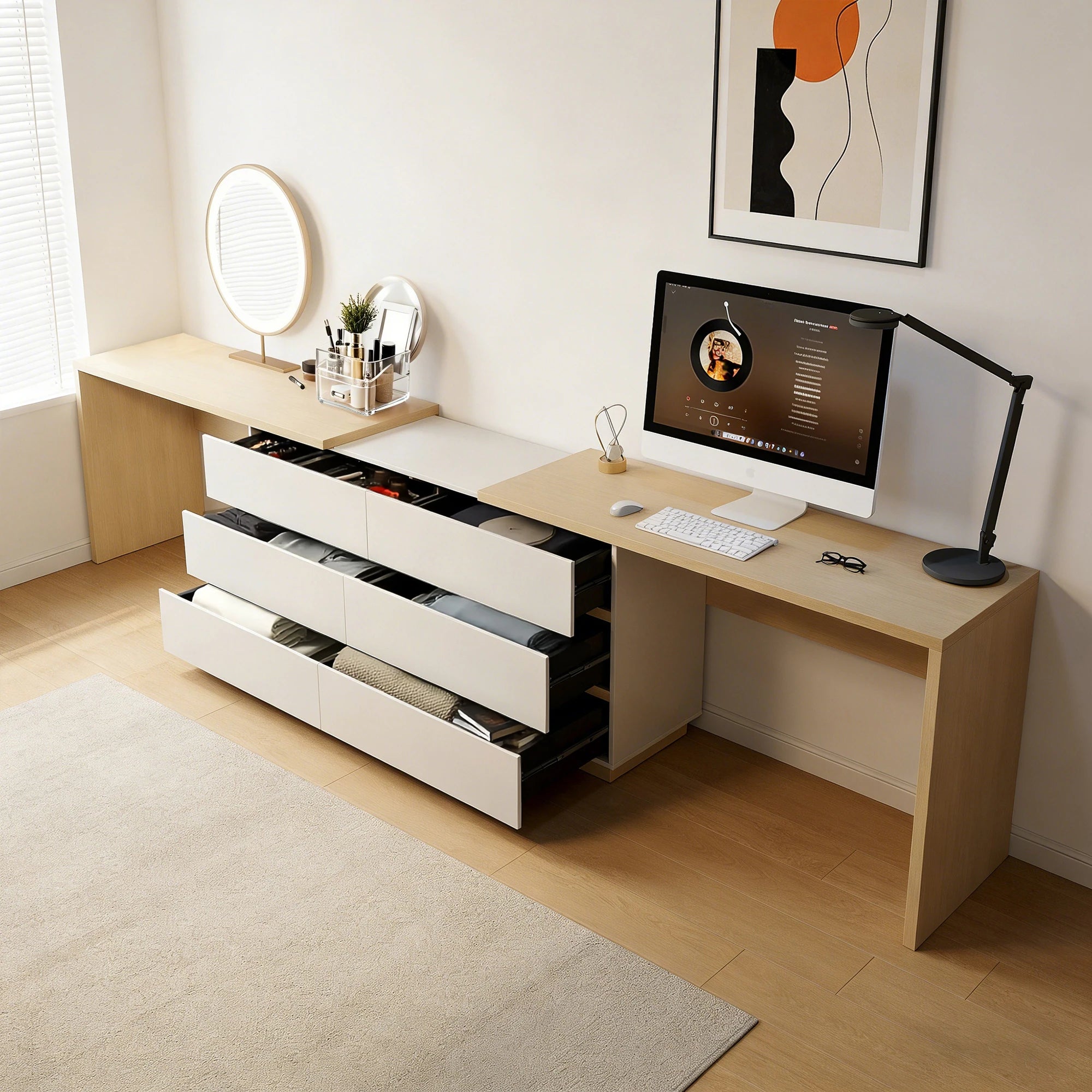 144 Inch Modern Home Office Expandable Dresser Desk with 6 Drawers for 2 Person