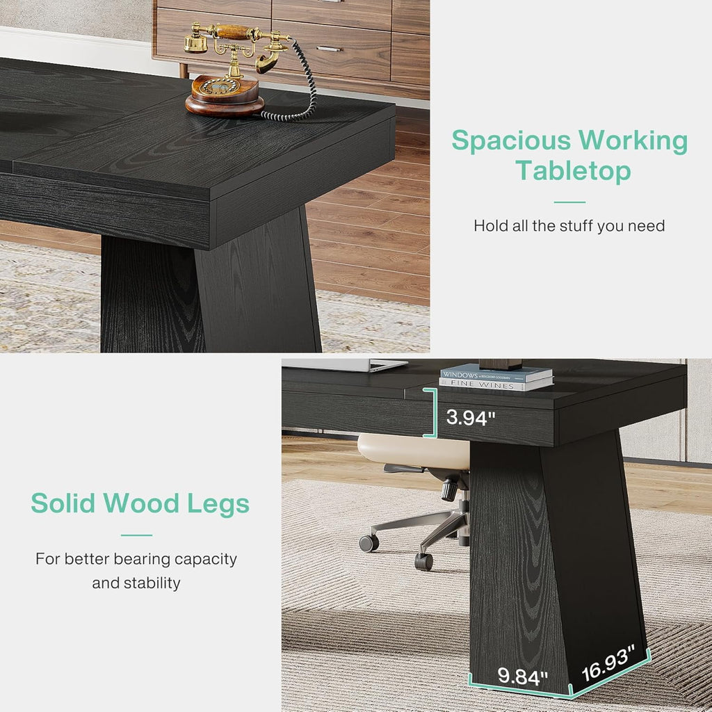 55 Inches Executive Desk, Mid-Century Modern Home Office Desk with Double Trapezoid Base