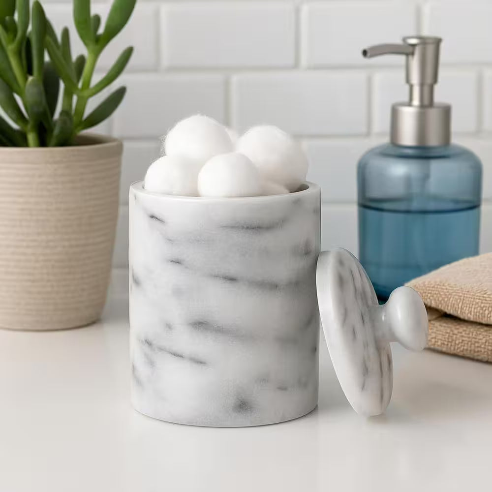 Natural Marble Cotton Ball Swab Holder Bathroom Accessory Storage Jar Canister Off-White