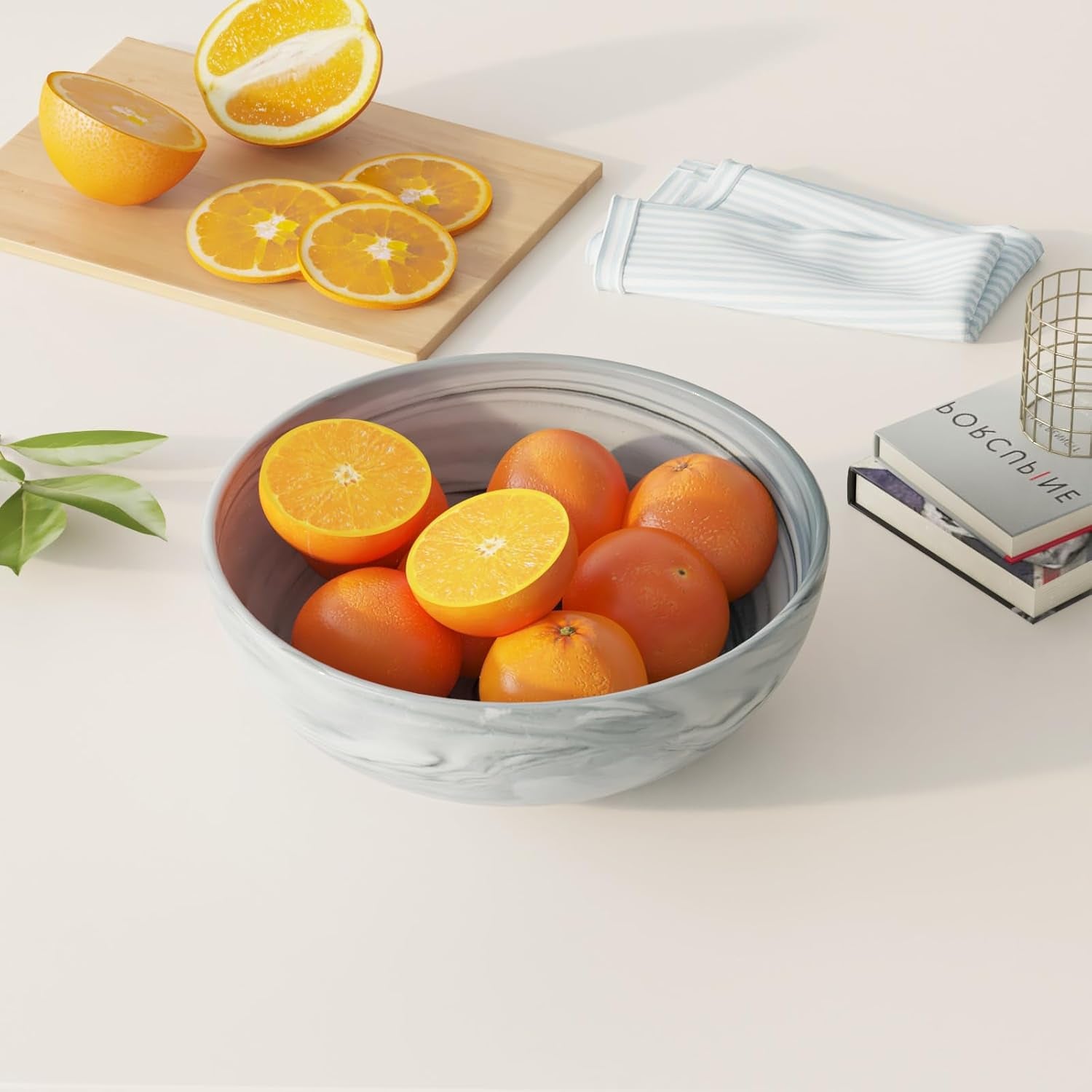 Large Decorative Fruit Bowl, Marble-Patterned Ceramic Bowl for Coffee Table Entryway Kitchen Modern Home Decor Centerpiece 9.5 Inches, Grey