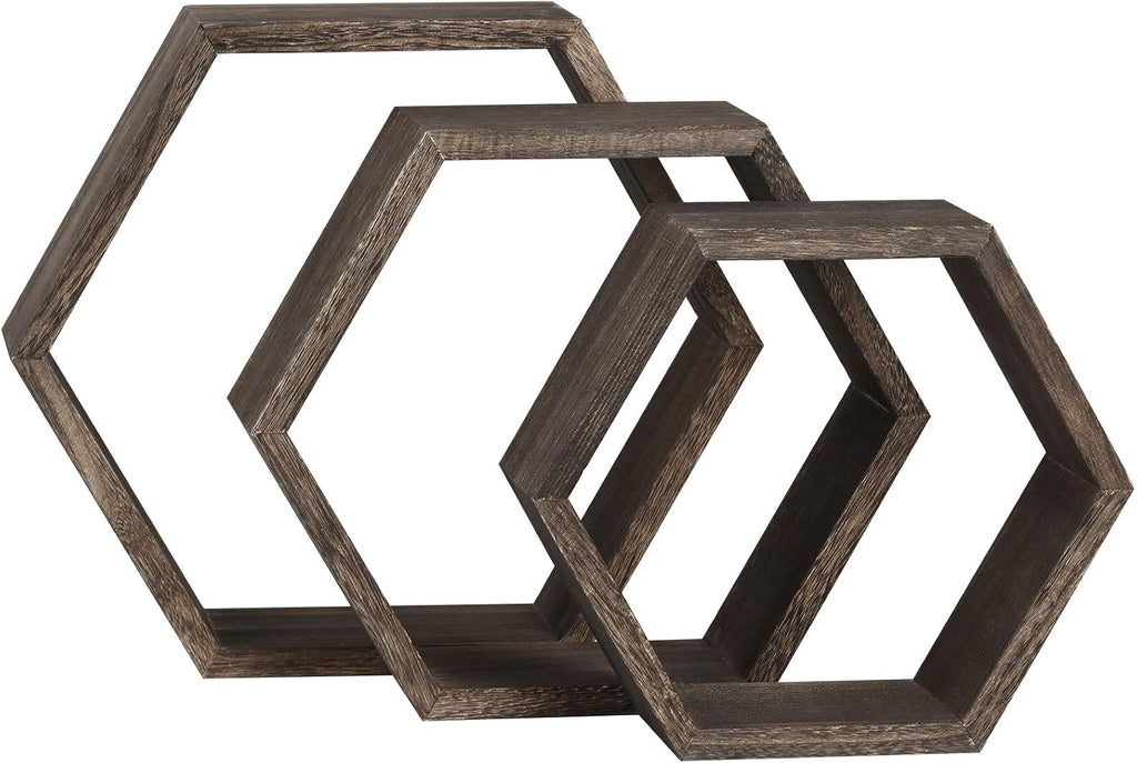 Hexagon Shelves, Set of 3 Wall Shelves Floating Shelves, Wood Display Shelves for Wall Decor, Bathroom, Kitchen, Bedroom, Living Room, Office